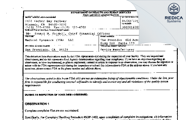 FDA 483 - Medical Dynamics (usa) Llc [San Francisco / United States of America] - Download PDF - Redica Systems