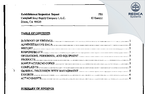 EIR - Campbells Soup Supply Company L.L.C. [Dixon / United States of America] - Download PDF - Redica Systems