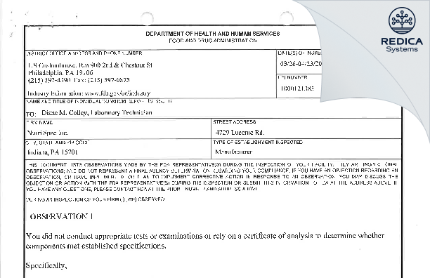 FDA 483 - Nutri Spec Testing [Indiana / United States of America] - Download PDF - Redica Systems