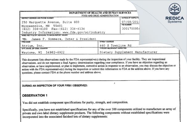 FDA 483 - Atrium Inc. [Wautoma / United States of America] - Download PDF - Redica Systems