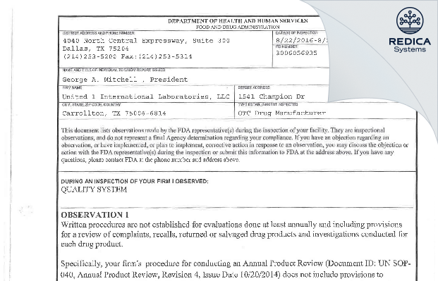 FDA 483 - United Laboratories Manufacturing, LLC [Carrollton / United States of America] - Download PDF - Redica Systems
