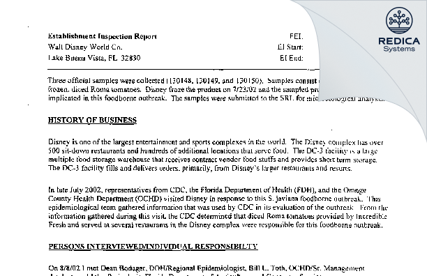 EIR - Walt Disney World Co. [Orlando / United States of America] - Download PDF - Redica Systems