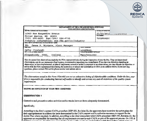 FDA 483 - DePuy (Ireland) [Cork / Ireland] - Download PDF - Redica Systems