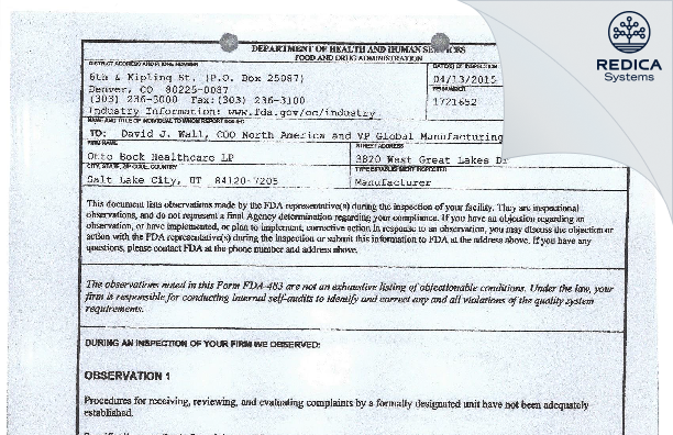 FDA 483 - Otto Bock Healthcare LP [Salt Lake City / United States of America] - Download PDF - Redica Systems