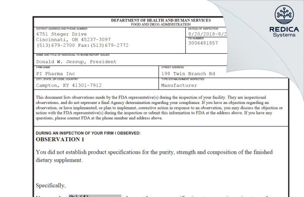 FDA 483 - PI Pharma Inc [Campton / United States of America] - Download PDF - Redica Systems