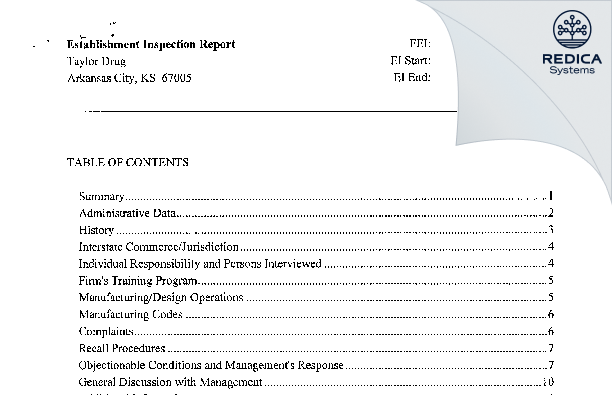 EIR - Taylor Drug Operating Services dba Taylor Drug [Arkansas City / United States of America] - Download PDF - Redica Systems
