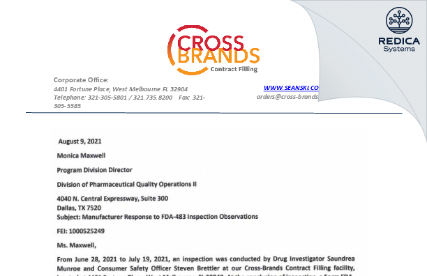 FDA 483 Response - Cross Brands Contract Filling [Florida / United States of America] - Download PDF - Redica Systems