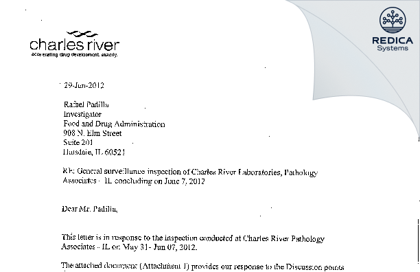 FDA 483 Response - Charles River Laboratories, Inc- IL [Chicago / United States of America] - Download PDF - Redica Systems