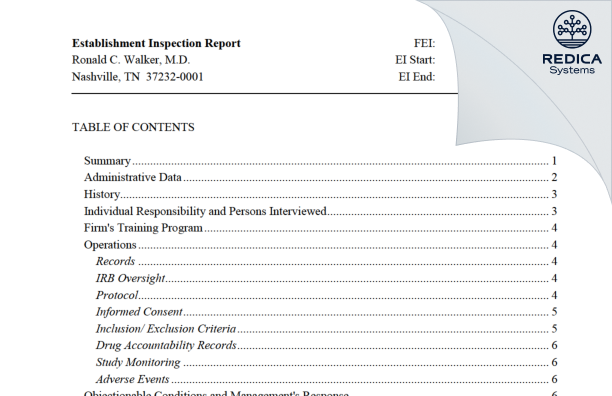 EIR - Ronald C. Walker, M.D. [Nashville / United States of America] - Download PDF - Redica Systems