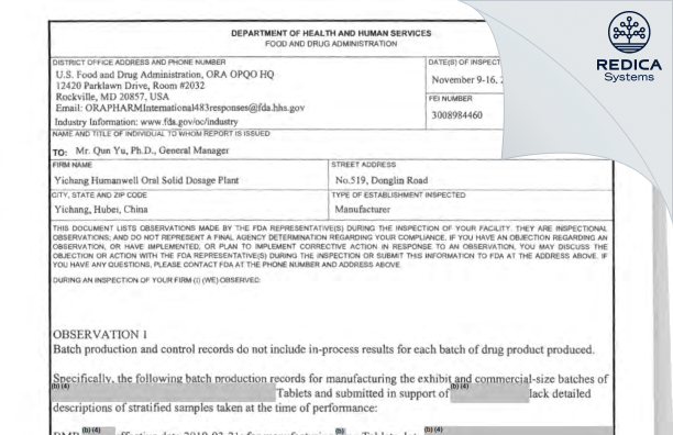 FDA 483 - Yichang Humanwell Oral Solid Dosage Plant [China / China] - Download PDF - Redica Systems