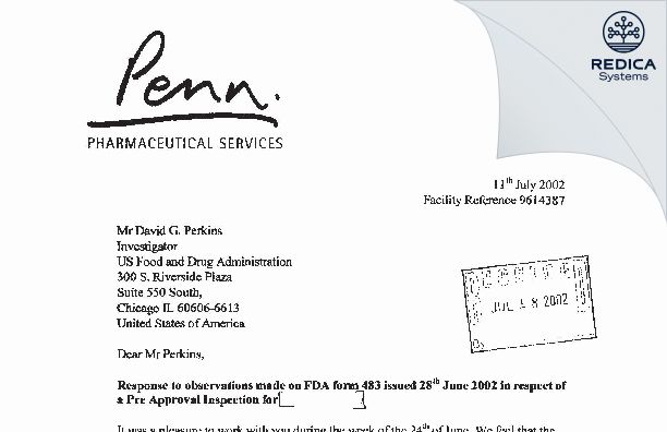 FDA 483 Response - PENN PHARMACEUTICAL SERVICES LIMITED [Tredegar / United Kingdom of Great Britain and Northern Ireland] - Download PDF - Redica Systems