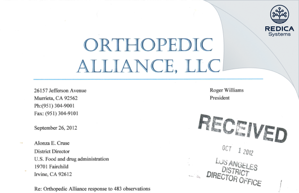 FDA 483 Response - Orthopedic Alliance LLC [Murrieta / United States of America] - Download PDF - Redica Systems