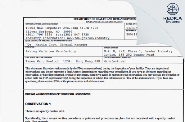 FDA 483 - Peking Medicine Manufactory [Tsuen Wan / Hong Kong] - Download PDF - Redica Systems