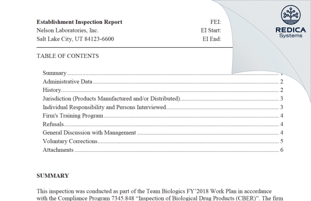 EIR - Nelson Laboratories, LLC [Salt Lake City / United States of America] - Download PDF - Redica Systems