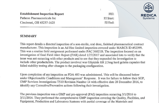 EIR - Patheon Pharmaceuticals Inc. [Cincinnati Ohio / United States of America] - Download PDF - Redica Systems