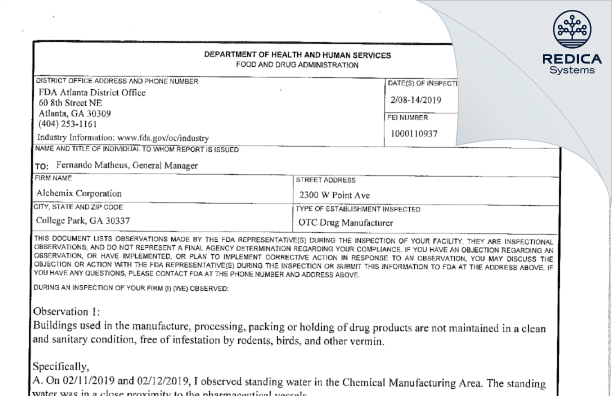 FDA 483 - Nitro Quimica Corporation dba Alchemix A Nitro Quimica Corporation [College Park Georgia / United States of America] - Download PDF - Redica Systems