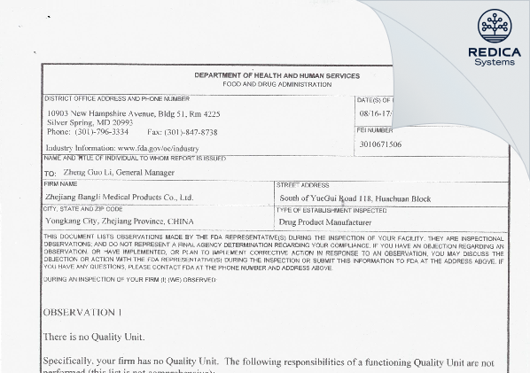 FDA 483 - Zhejiang Bangli Medical Products Co., Ltd. [- / China] - Download PDF - Redica Systems