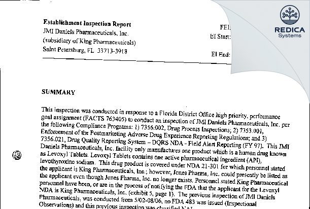 EIR - JMI Daniels Pharmaceuticals, Inc [Saint Petersburg / United States of America] - Download PDF - Redica Systems