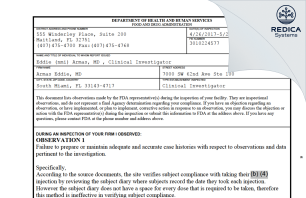 FDA 483 - Armas Eddie, MD [South Miami / United States of America] - Download PDF - Redica Systems
