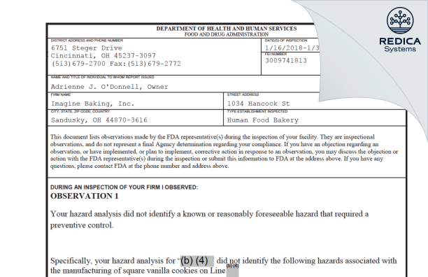 FDA 483 - Imagine Baking Inc. [Sandusky / United States of America] - Download PDF - Redica Systems