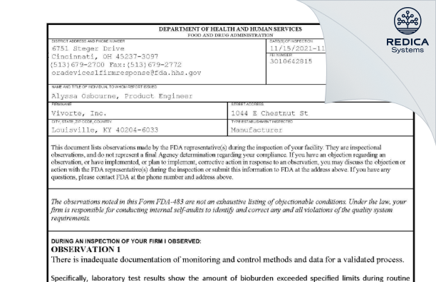 FDA 483 - Vivorte, Inc. [Louisville / United States of America] - Download PDF - Redica Systems