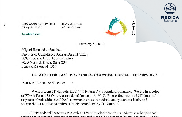 FDA 483 Response - JT Naturals, LLC. [Joplin / United States of America] - Download PDF - Redica Systems