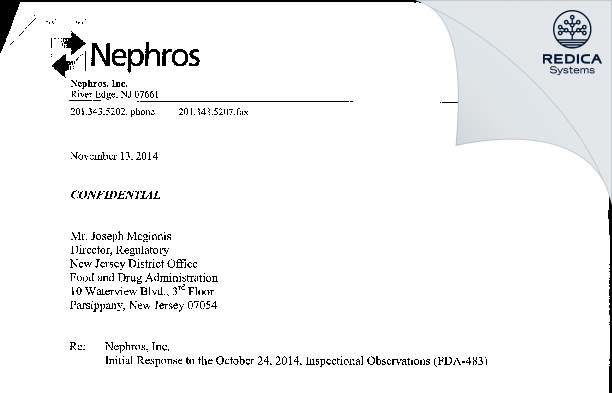 FDA 483 Response - Nephros, Inc. [River Edge / United States of America] - Download PDF - Redica Systems