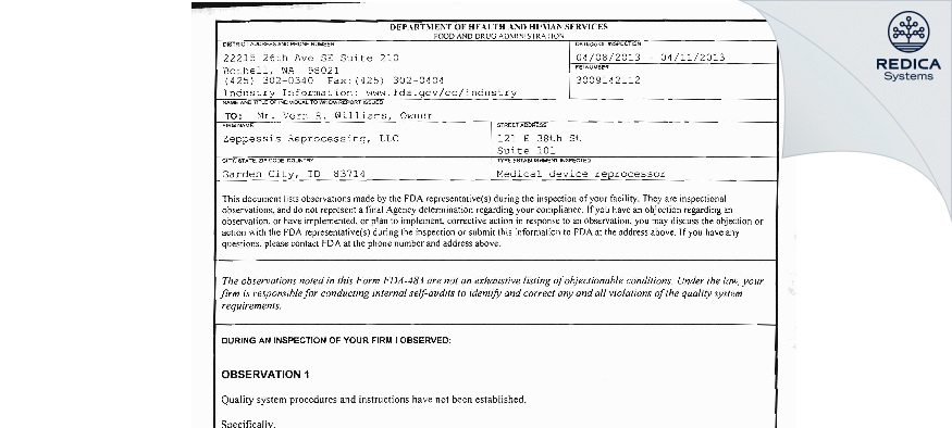 FDA 483 - Zeppessis Reprocessing, LLC [Garden City / United States of America] - Download PDF - Redica Systems