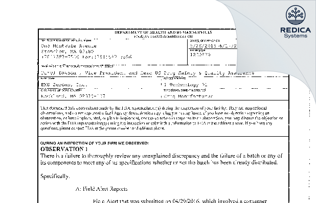 FDA 483 - EMD Serono, Inc. [Rockland / United States of America] - Download PDF - Redica Systems
