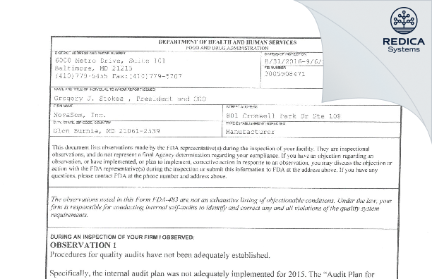 FDA 483 - NovaSom, Inc. [Glen Burnie / United States of America] - Download PDF - Redica Systems