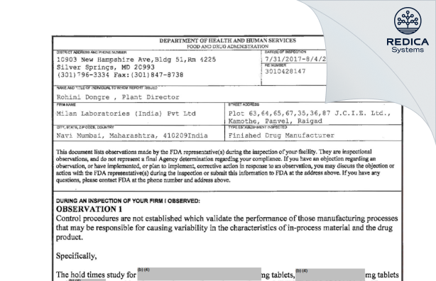 FDA 483 - Milan Laboratories (India) Private Limited [India / India] - Download PDF - Redica Systems