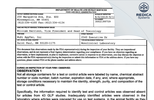 FDA 483 - WuXi AppTec Inc [St. Paul / United States of America] - Download PDF - Redica Systems