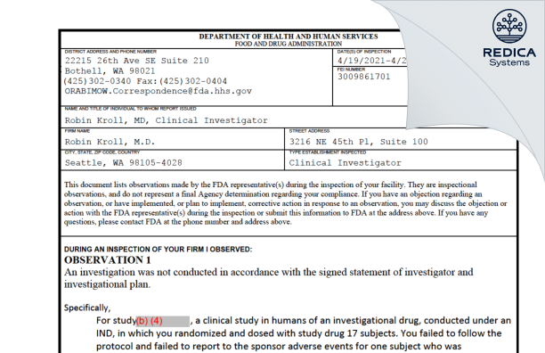 FDA 483 - Robin Kroll, M.D. [Seattle / United States of America] - Download PDF - Redica Systems