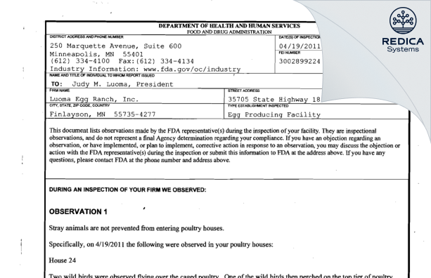 FDA 483 - Luoma Egg Ranch, Inc. [Finlayson / United States of America] - Download PDF - Redica Systems