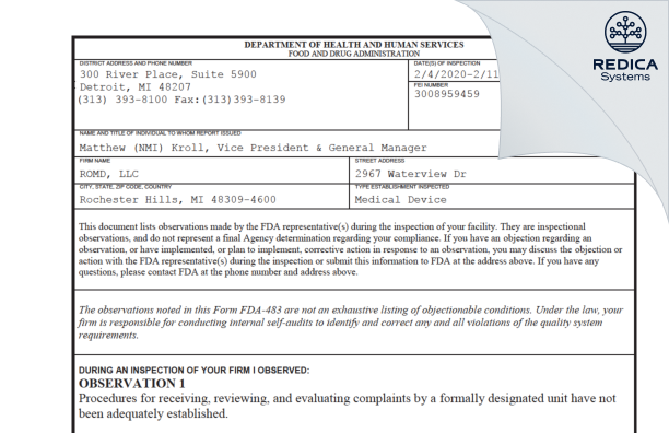FDA 483 - ROMD, LLC [Rochester Hills / United States of America] - Download PDF - Redica Systems