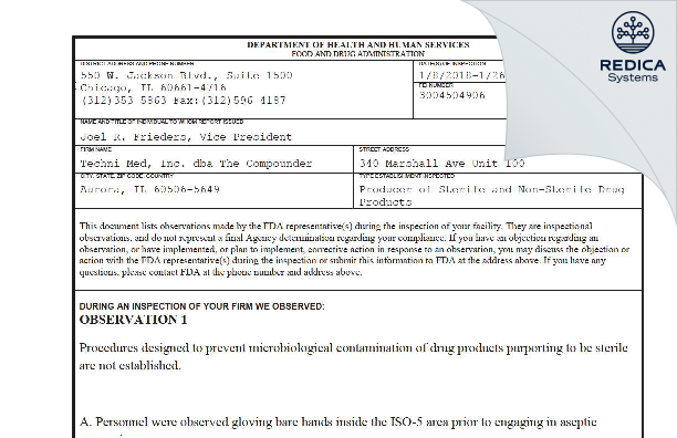 FDA 483 - Techni Med, Inc. dba The Compounder [Aurora / United States of America] - Download PDF - Redica Systems