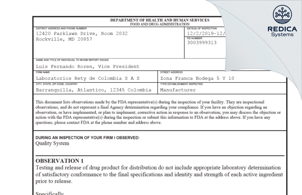 FDA 483 - Laboratorios Rety de Colombia SAS [Colombia / Colombia] - Download PDF - Redica Systems