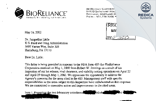 FDA 483 Response - BioReliance Corporation [Rockville / United States of America] - Download PDF - Redica Systems