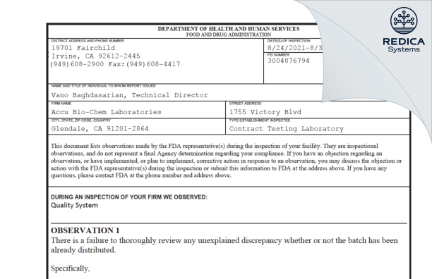 FDA 483 - ACCU BIO-CHEM LABS [California / United States of America] - Download PDF - Redica Systems