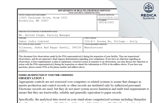 FDA 483 - Dabur India Limited [India / India] - Download PDF - Redica Systems