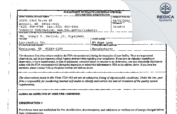 FDA 483 - Lacrimedics Inc [Dupont / United States of America] - Download PDF - Redica Systems