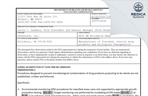FDA 483 - Genentech, Inc. [Hillsboro / United States of America] - Download PDF - Redica Systems