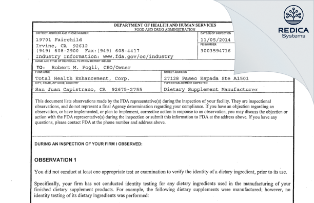 FDA 483 - Total Health Enhancement, Corp. [San Juan Capistrano / United States of America] - Download PDF - Redica Systems