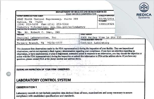 FDA 483 - Ceutical Laboratories, Inc. [Flower Mound / United States of America] - Download PDF - Redica Systems