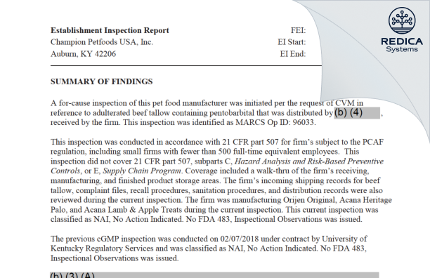 FDA 483 - Champion Petfoods USA, Inc. [Auburn / United States of America] - Download PDF - Redica Systems