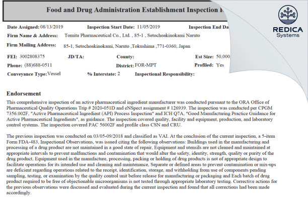 EIR - Tomita Pharmaceutical Co., Ltd. [Tokushima / Japan] - Download PDF - Redica Systems