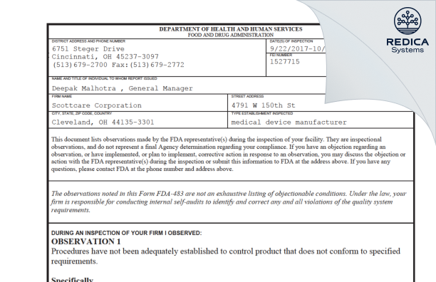 FDA 483 - Scottcare Corporation [Cleveland / United States of America] - Download PDF - Redica Systems