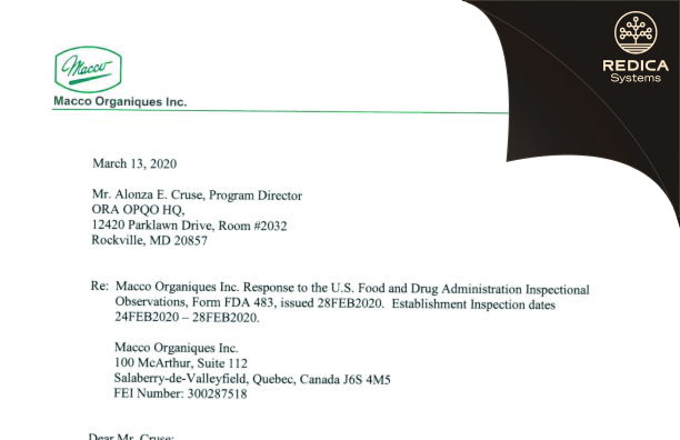 FDA 483 Response - Macco Organiques, S.r.o. [Bruntal / Czechia] - Download PDF - Redica Systems