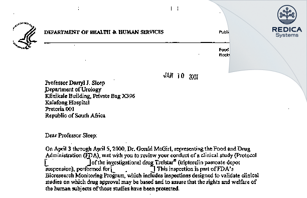 FDA 483 Response - Professor Darryl J. Sleep [Pretoria / South Africa] - Download PDF - Redica Systems
