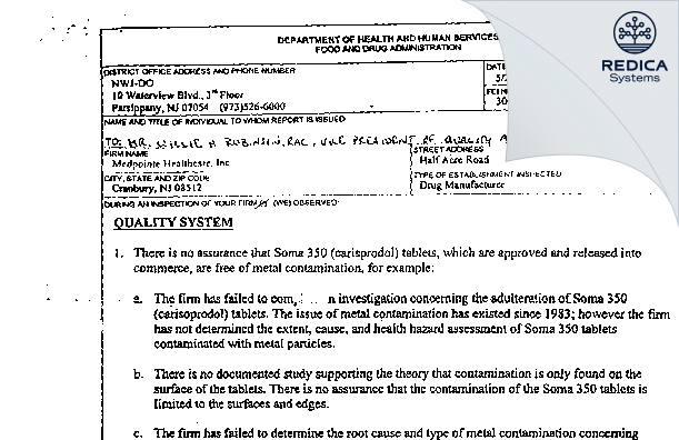 FDA 483 - Medpointe Healthcare, Inc. [Cranbury / United States of America] - Download PDF - Redica Systems